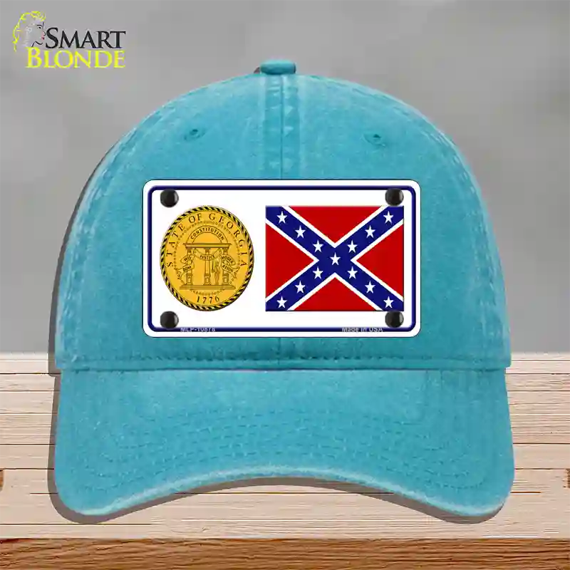 Confederate Flag Georgia Seal Novelty License Plate Hat Unconstructed Cotton / Lake Blue