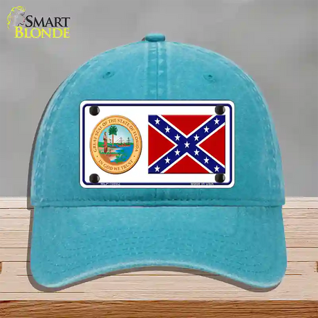 Confederate Flag Florida Seal Novelty License Plate Hat Unconstructed Cotton / Lake Blue