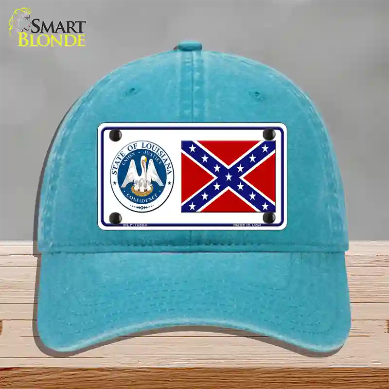 Confederate Flag Louisiana Seal Novelty License Plate Hat Unconstructed Cotton / Lake Blue