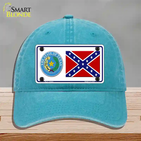 Confederate Flag Texas Seal Novelty License Plate Hat Unconstructed Cotton / Lake Blue