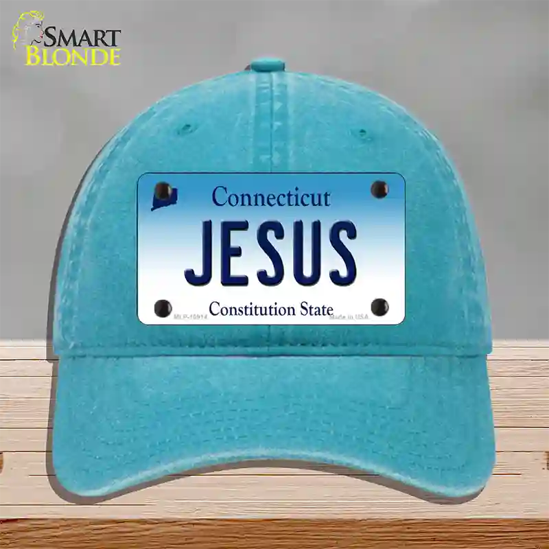 Jesus Connecticut Novelty License Plate Hat Unconstructed Cotton / Lake Blue