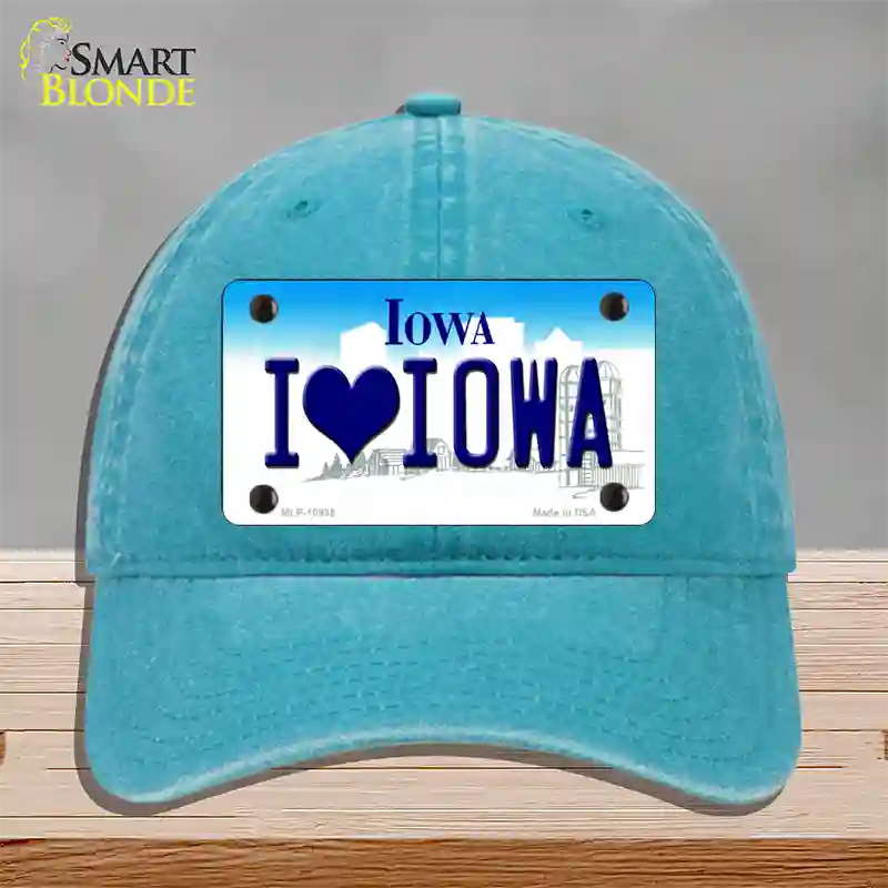 I Love Iowa Novelty License Plate Hat Unconstructed Cotton / Lake Blue