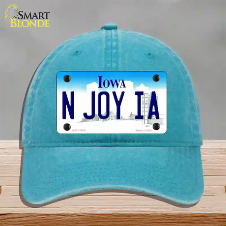 N Joy IA Iowa Novelty License Plate Hat Unconstructed Cotton / Lake Blue