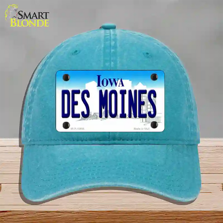 Des Moines Iowa Novelty License Plate Hat Unconstructed Cotton / Lake Blue