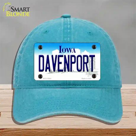 Davenport Iowa Novelty License Plate Hat Unconstructed Cotton / Lake Blue