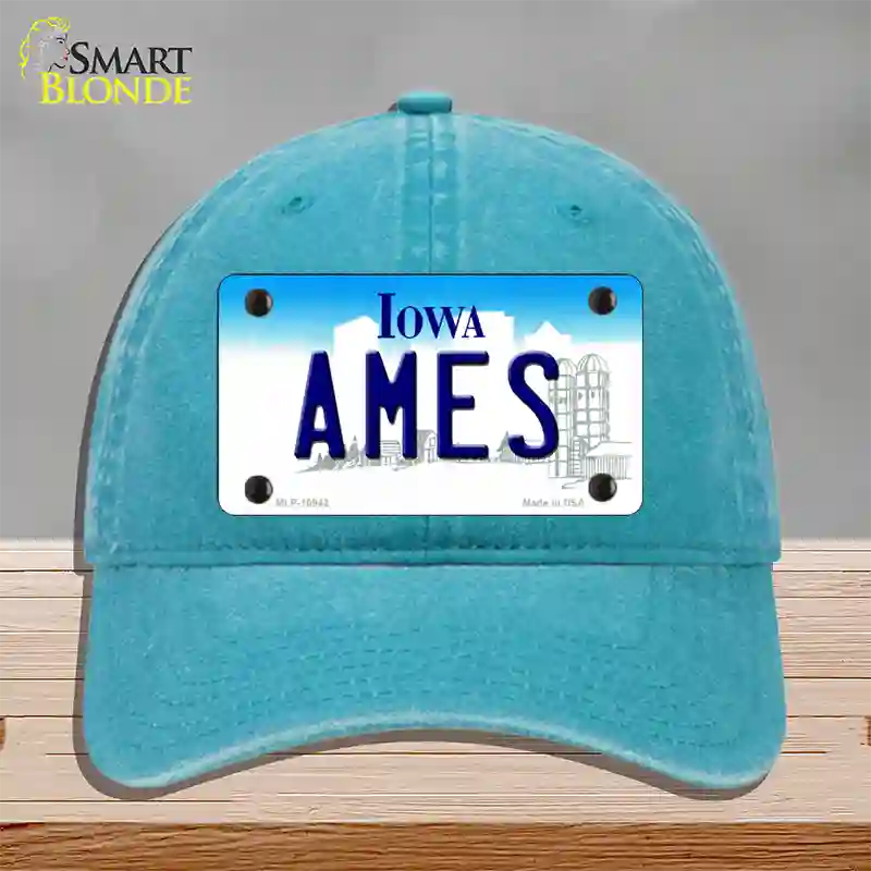 Ames Iowa Novelty License Plate Hat Unconstructed Cotton / Lake Blue