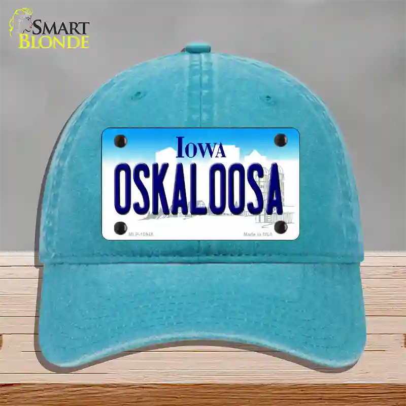 Oskaloosa Iowa Novelty License Plate Hat Unconstructed Cotton / Lake Blue