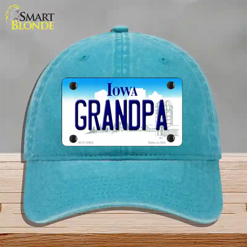 Grandpa Iowa Novelty License Plate Hat Unconstructed Cotton / Lake Blue