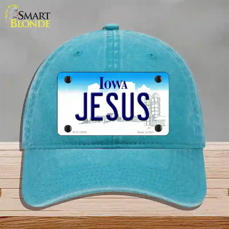 Jesus Iowa Novelty License Plate Hat Unconstructed Cotton / Lake Blue