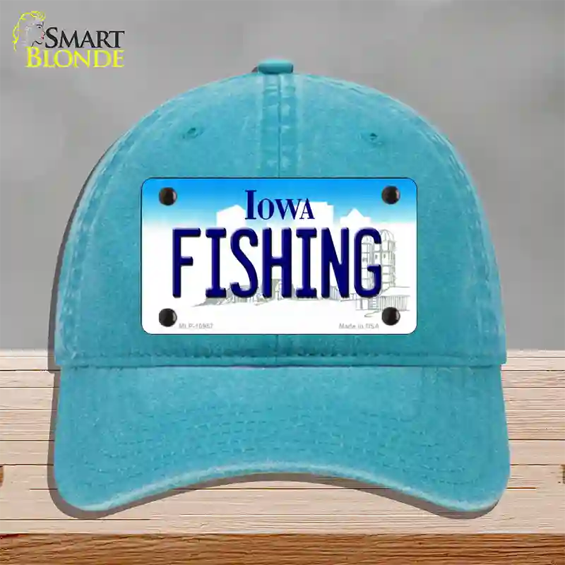 Fishing Iowa Novelty License Plate Hat Unconstructed Cotton / Lake Blue