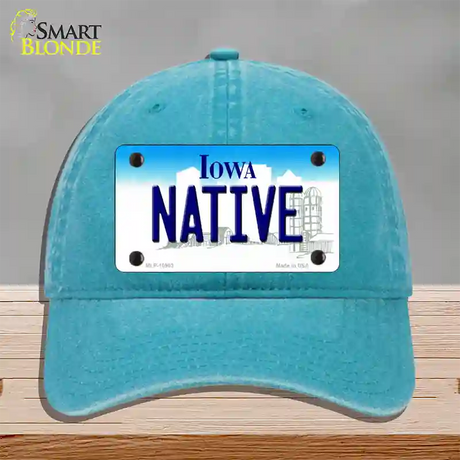 Native Iowa Novelty License Plate Hat Unconstructed Cotton / Lake Blue