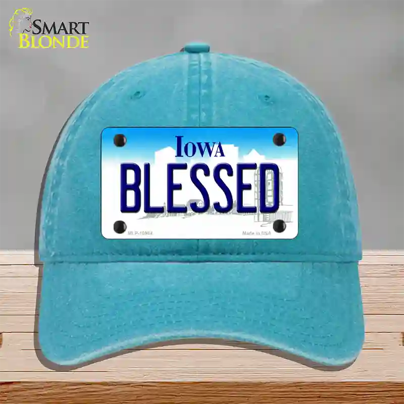 Blessed Iowa Novelty License Plate Hat Unconstructed Cotton / Lake Blue