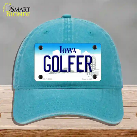 Golfer Iowa Novelty License Plate Hat Unconstructed Cotton / Lake Blue