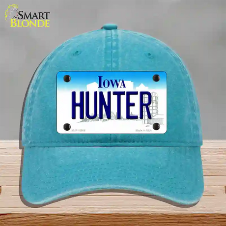 Hunter Iowa Novelty License Plate Hat Unconstructed Cotton / Lake Blue