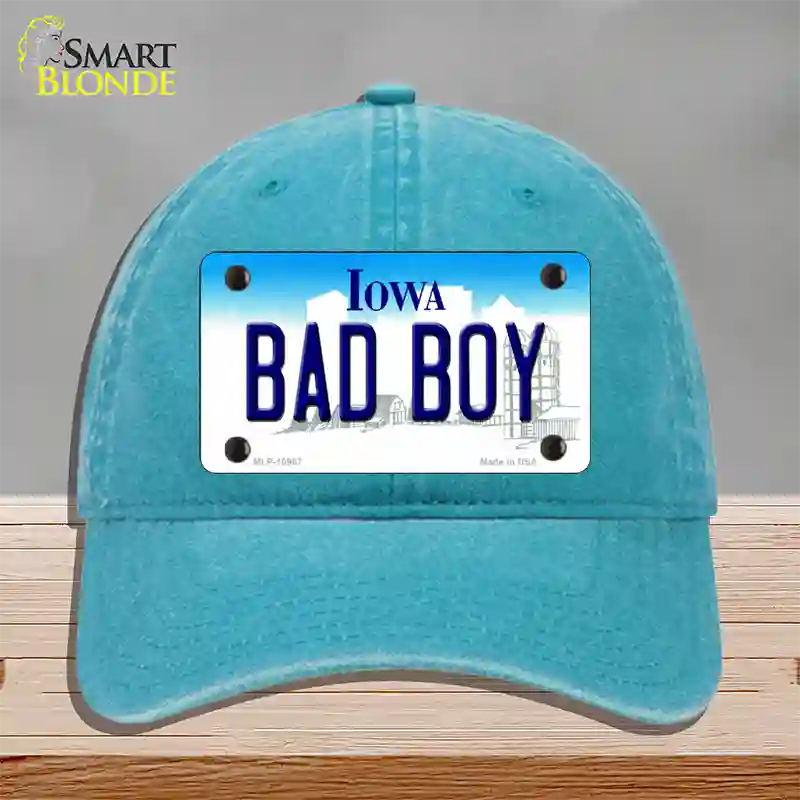 Bad Boy Iowa Novelty License Plate Hat Unconstructed Cotton / Lake Blue