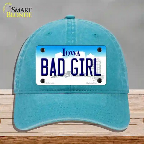 Bad Girl Iowa Novelty License Plate Hat Unconstructed Cotton / Lake Blue