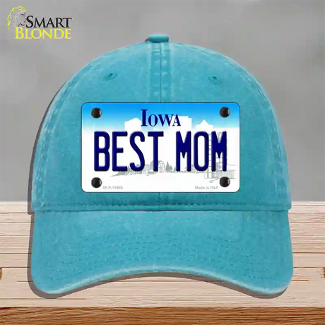 Best Mom Iowa Novelty License Plate Hat Unconstructed Cotton / Lake Blue