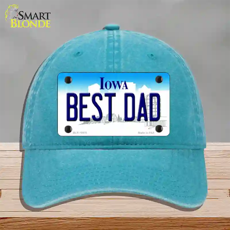 Best Dad Iowa Novelty License Plate Hat Unconstructed Cotton / Lake Blue