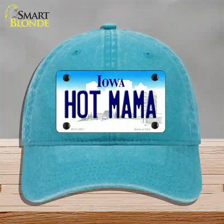 Hot Mama Iowa Novelty License Plate Hat Unconstructed Cotton / Lake Blue