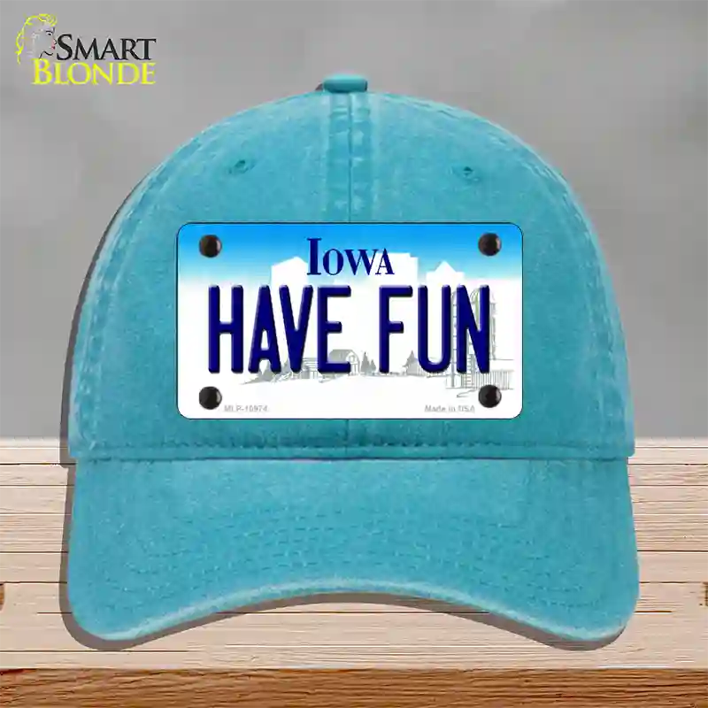 Have Fun Iowa Novelty License Plate Hat Unconstructed Cotton / Lake Blue