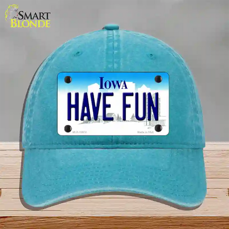 Have Fun Iowa Novelty License Plate Hat Unconstructed Cotton / Lake Blue