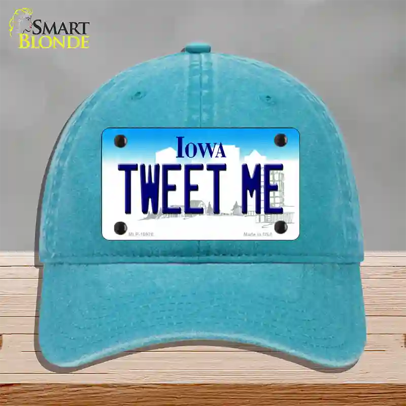 Tweet Me Iowa Novelty License Plate Hat Unconstructed Cotton / Lake Blue