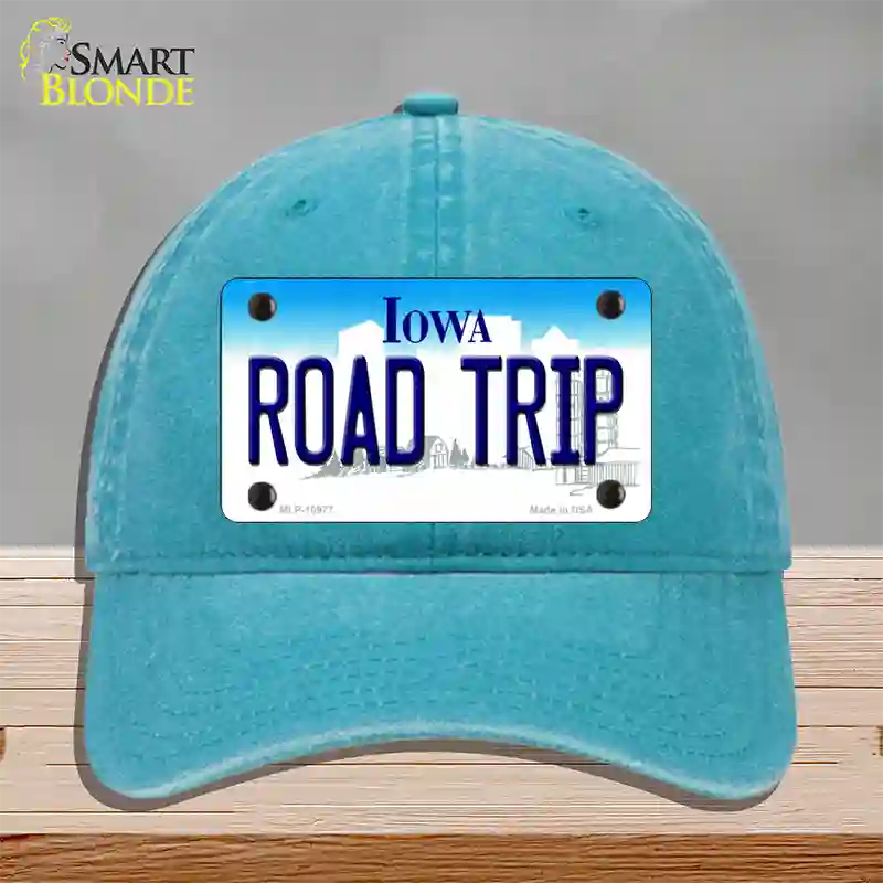 Road Trip Iowa Novelty License Plate Hat Unconstructed Cotton / Lake Blue