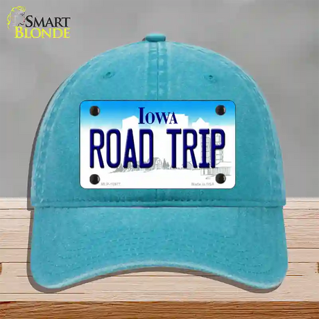 Road Trip Iowa Novelty License Plate Hat Unconstructed Cotton / Lake Blue