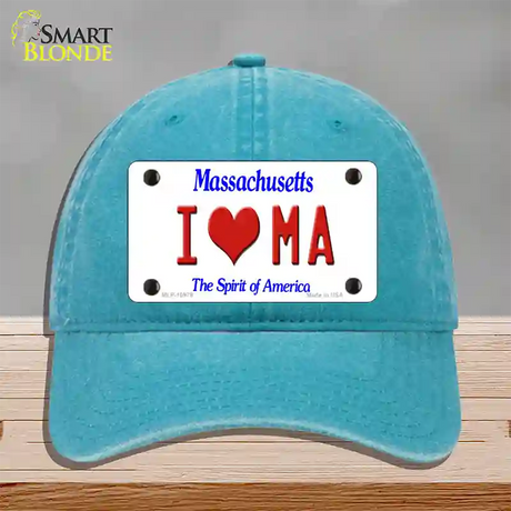 I Love Massachusetts Novelty License Plate Hat Unconstructed Cotton / Lake Blue