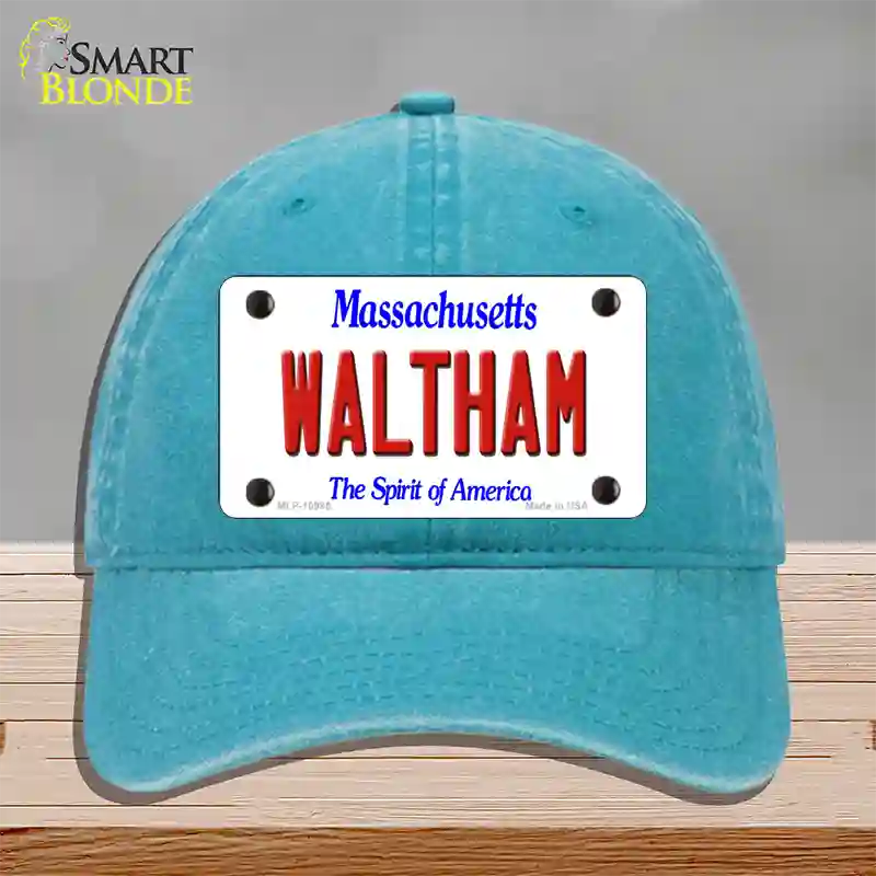 Waltham Massachusetts Novelty License Plate Hat Unconstructed Cotton / Lake Blue