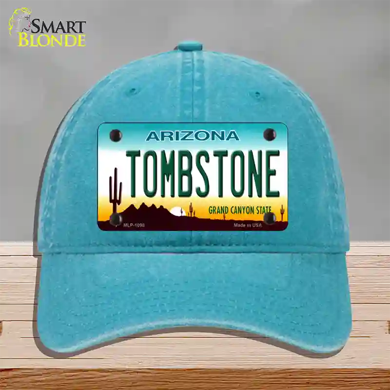 Tombstone Arizona Novelty License Plate Hat Unconstructed Cotton / Lake Blue