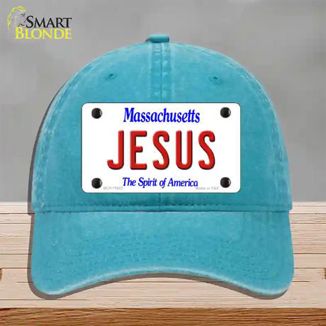 Jesus Massachusetts Novelty License Plate Hat Unconstructed Cotton / Lake Blue