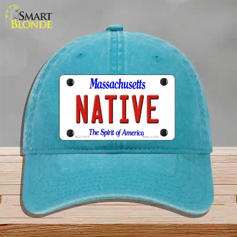 Native Massachusetts Novelty License Plate Hat Unconstructed Cotton / Lake Blue