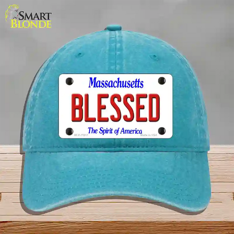 Blessed Massachusetts Novelty License Plate Hat Unconstructed Cotton / Lake Blue