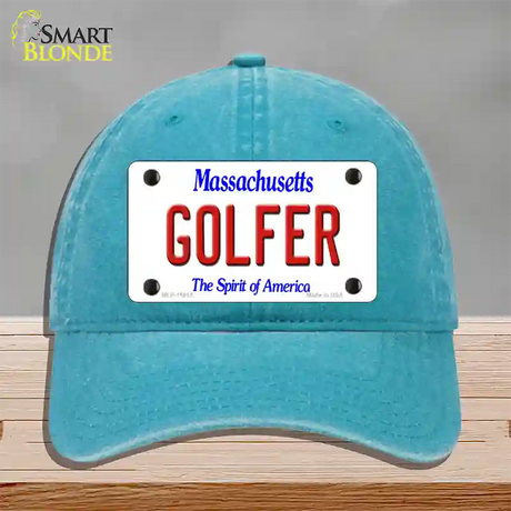 Golfer Massachusetts Novelty License Plate Hat Unconstructed Cotton / Lake Blue