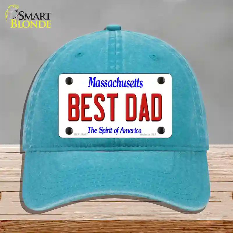 Best Dad Massachusetts Novelty License Plate Hat Unconstructed Cotton / Lake Blue