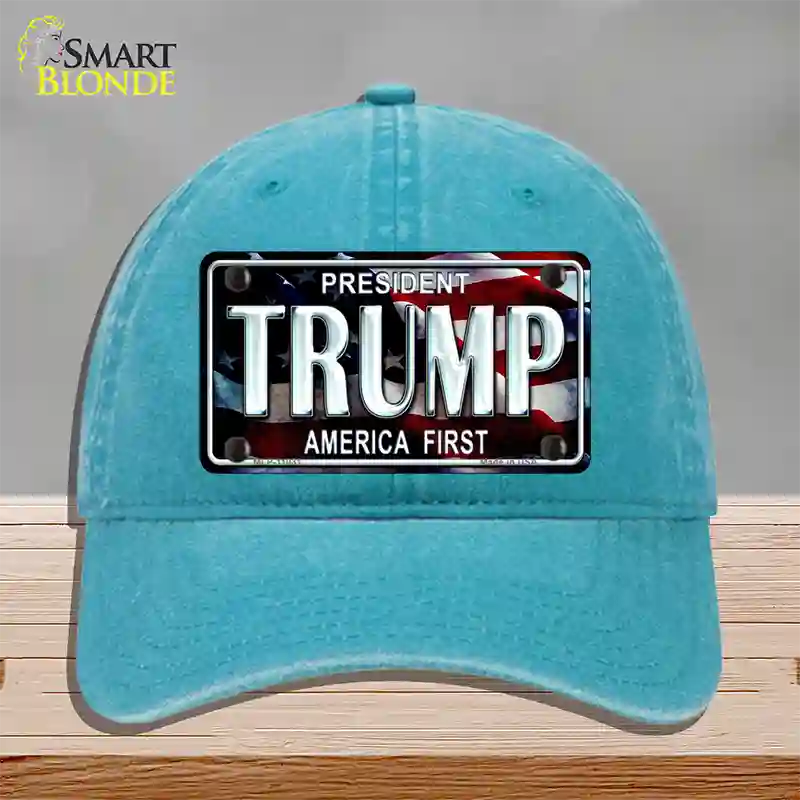 Trump America First Novelty License Plate Hat Unconstructed Cotton / Lake Blue