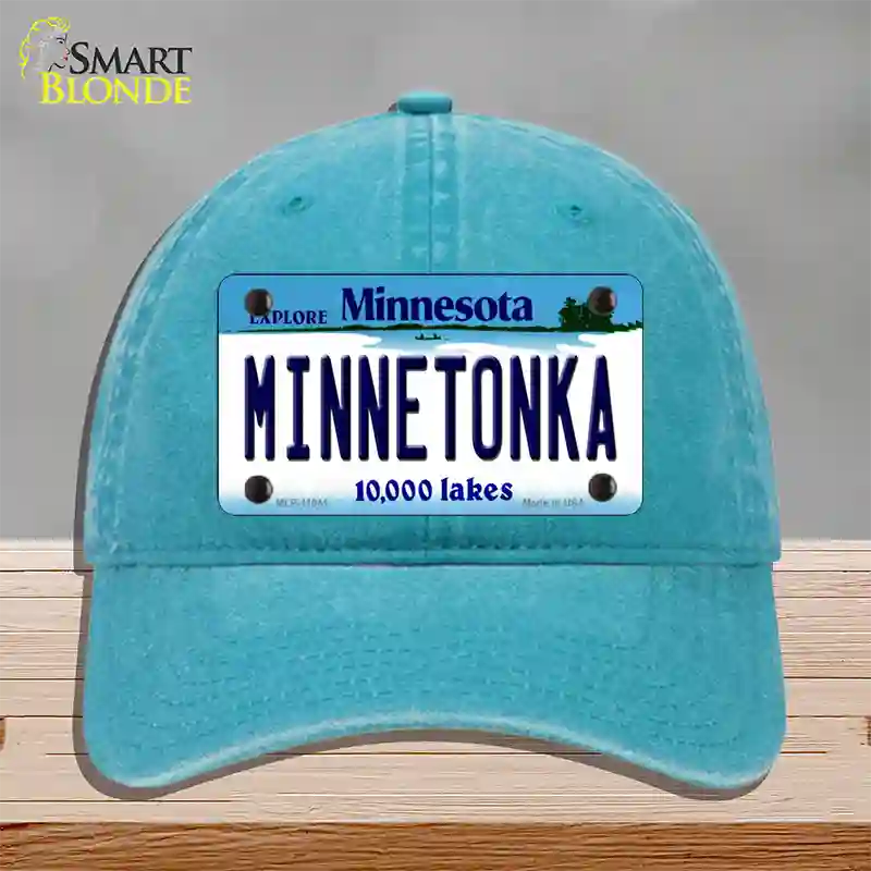 Minnetonka Minnesota State Novelty License Plate Hat Unconstructed Cotton / Lake Blue