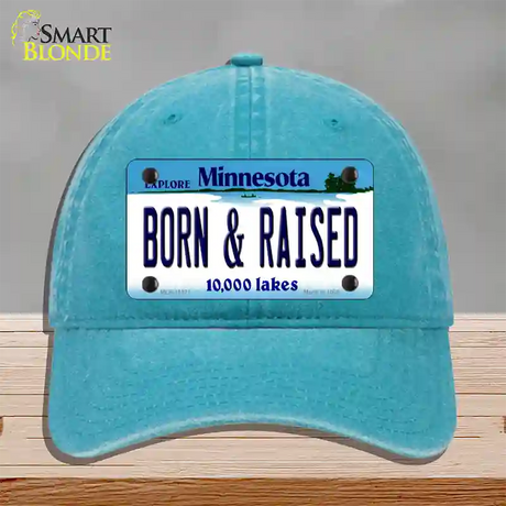 Born and Raised Minnesota State Novelty License Plate Hat Unconstructed Cotton / Lake Blue