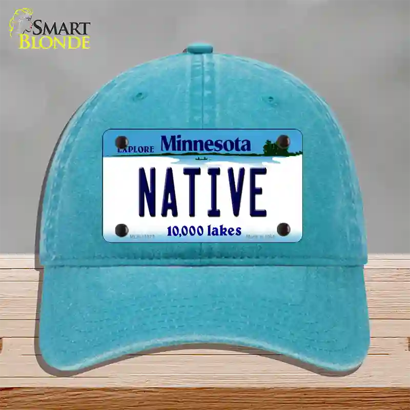 Native Minnesota State Novelty License Plate Hat Unconstructed Cotton / Lake Blue