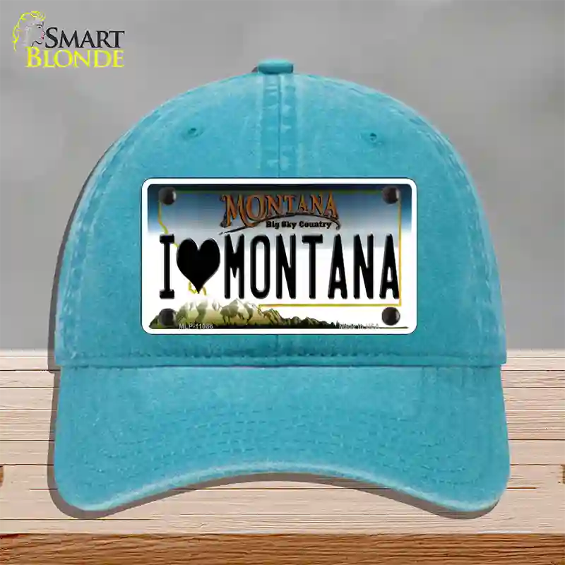 I Love Montana State Novelty License Plate Hat Unconstructed Cotton / Lake Blue