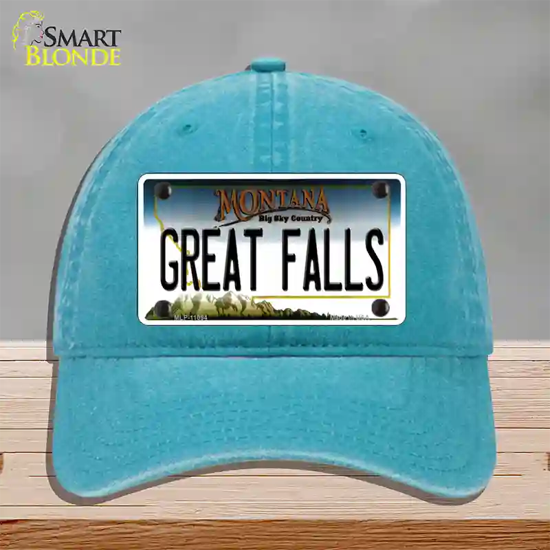 Great Falls Montana State Novelty License Plate Hat Unconstructed Cotton / Lake Blue