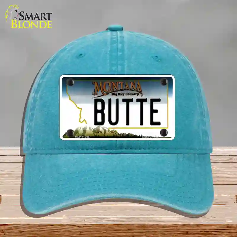 Butte Montana State Novelty License Plate Hat Unconstructed Cotton / Lake Blue