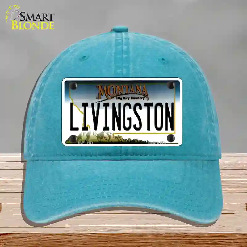 Livingston Montana State Novelty License Plate Hat Unconstructed Cotton / Lake Blue