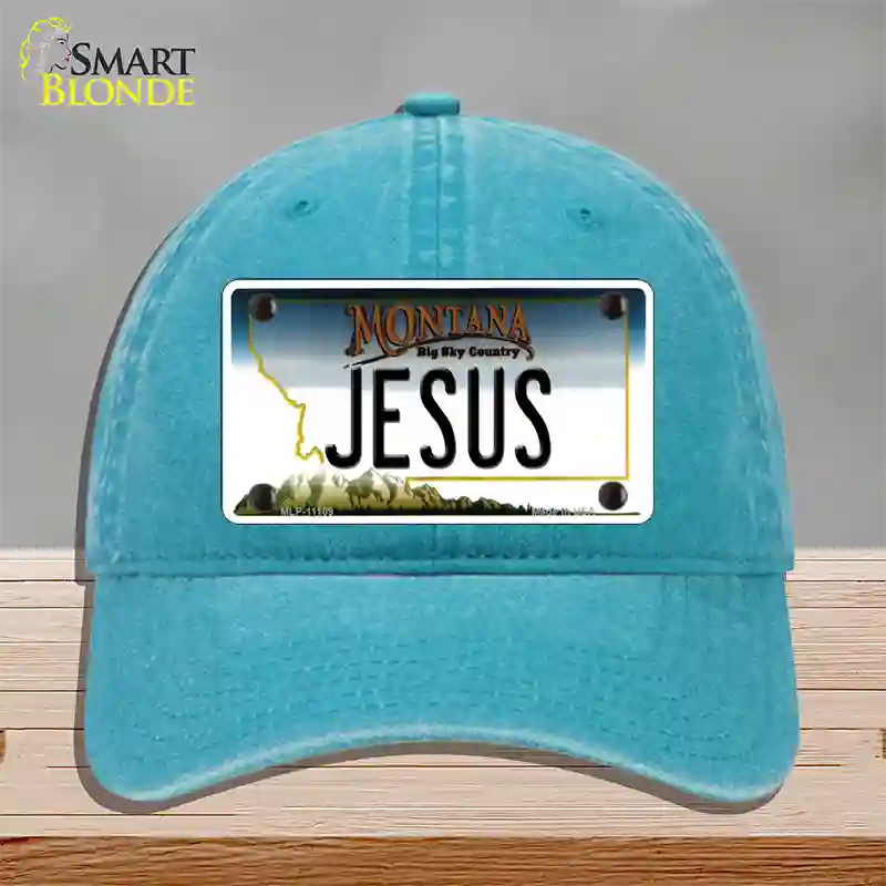 Jesus Montana State Novelty License Plate Hat Unconstructed Cotton / Lake Blue