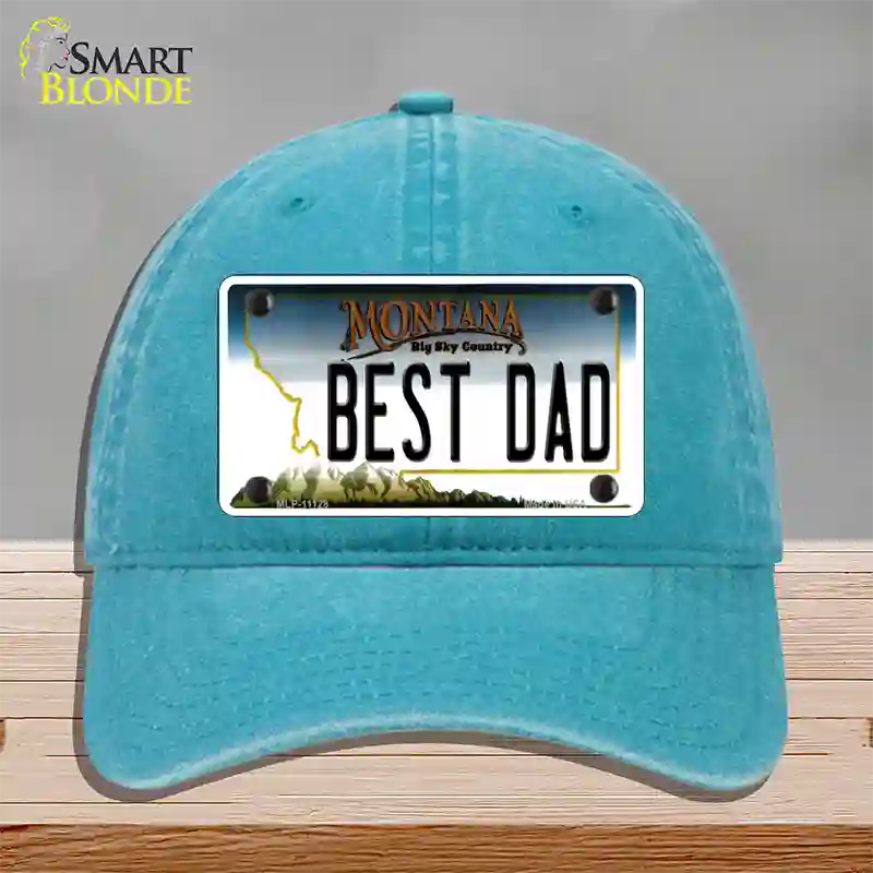 Best Dad Montana State Novelty License Plate Hat Unconstructed Cotton / Lake Blue