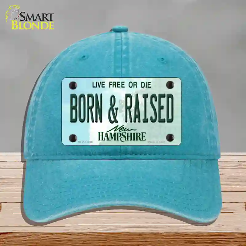 Born and Raised New Hampshire State Novelty License Plate Hat Unconstructed Cotton / Lake Blue