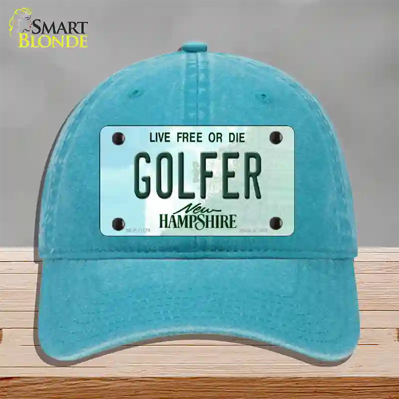 Golfer New Hampshire State Novelty License Plate Hat Unconstructed Cotton / Lake Blue