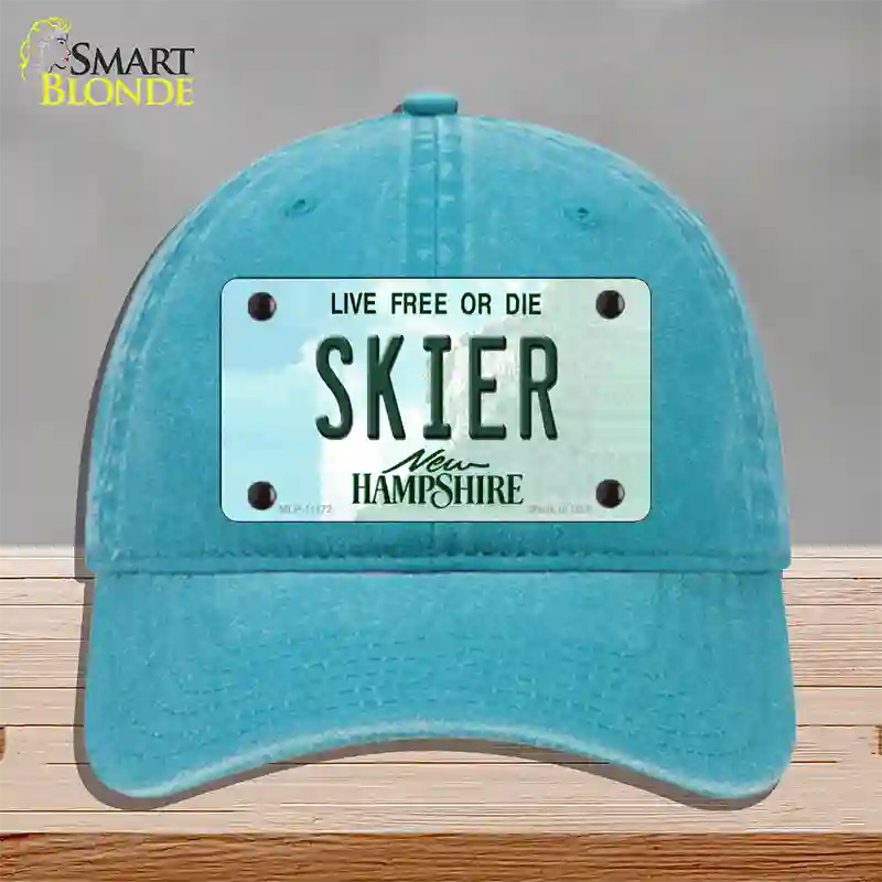 Skier New Hampshire State Novelty License Plate Hat Unconstructed Cotton / Lake Blue