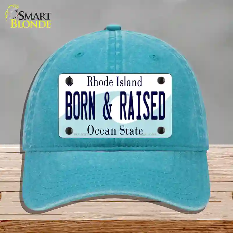 Born and Raised Rhode Island State Novelty License Plate Hat Unconstructed Cotton / Lake Blue